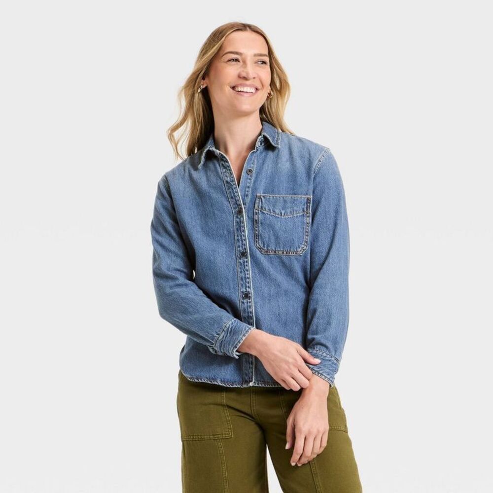 Women'S Relaxed Denim Shirt - Medium Wash L